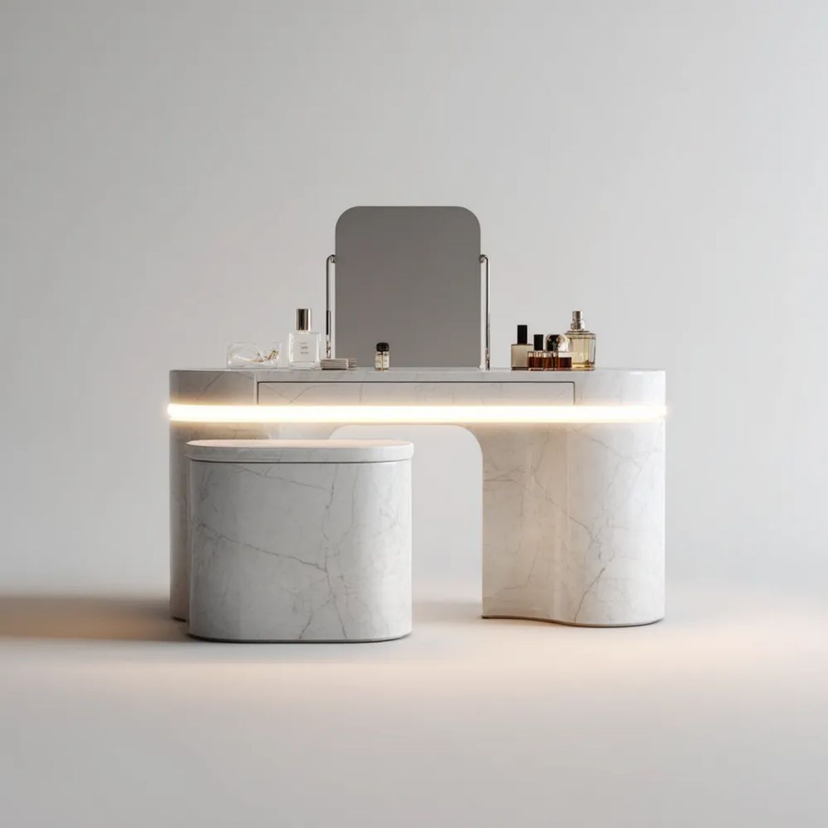 Biała toaletka z płyty MDF 100 × 45 × 75 cm z lustrem, oświetleniem LED i taboretem