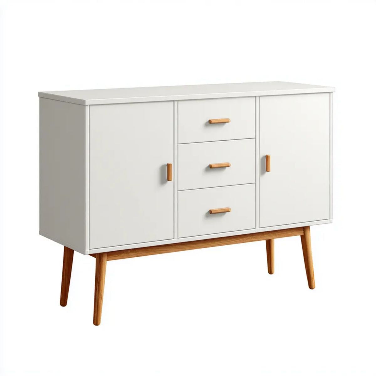 Biała komoda z płyty MDF i litego drewna, 120 x 40 x 90 cm, 2 drzwi i 3 szuflady