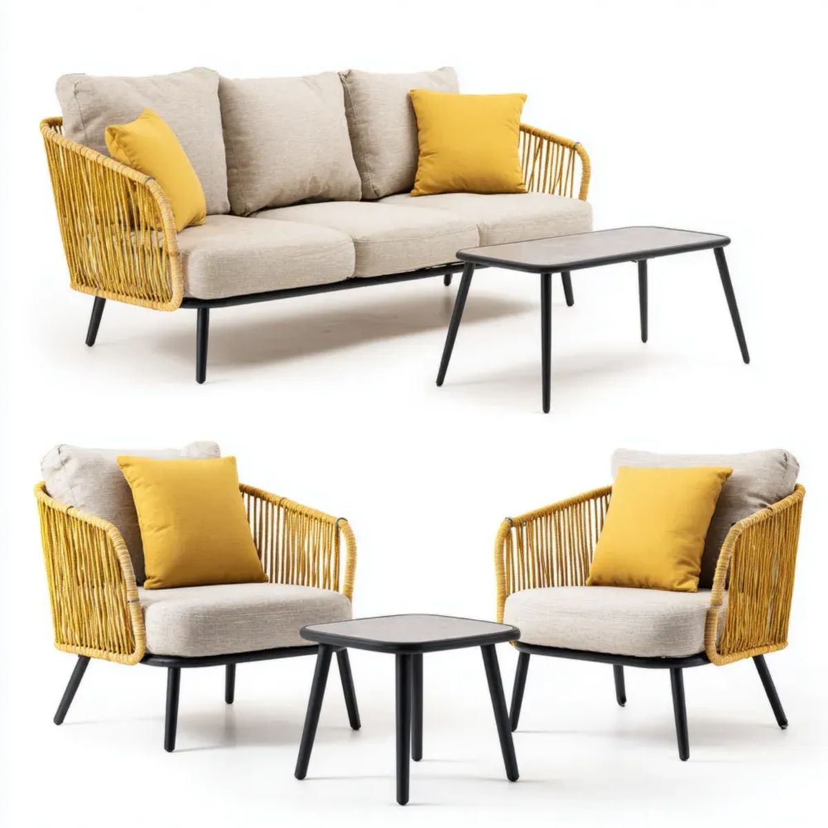 5-elementowy zestaw wypoczynkowy ogrodowy: sofa 140 × 75 cm, 2 fotele, 2 stoliki, plecionka PE i stal, beżowo-żółty