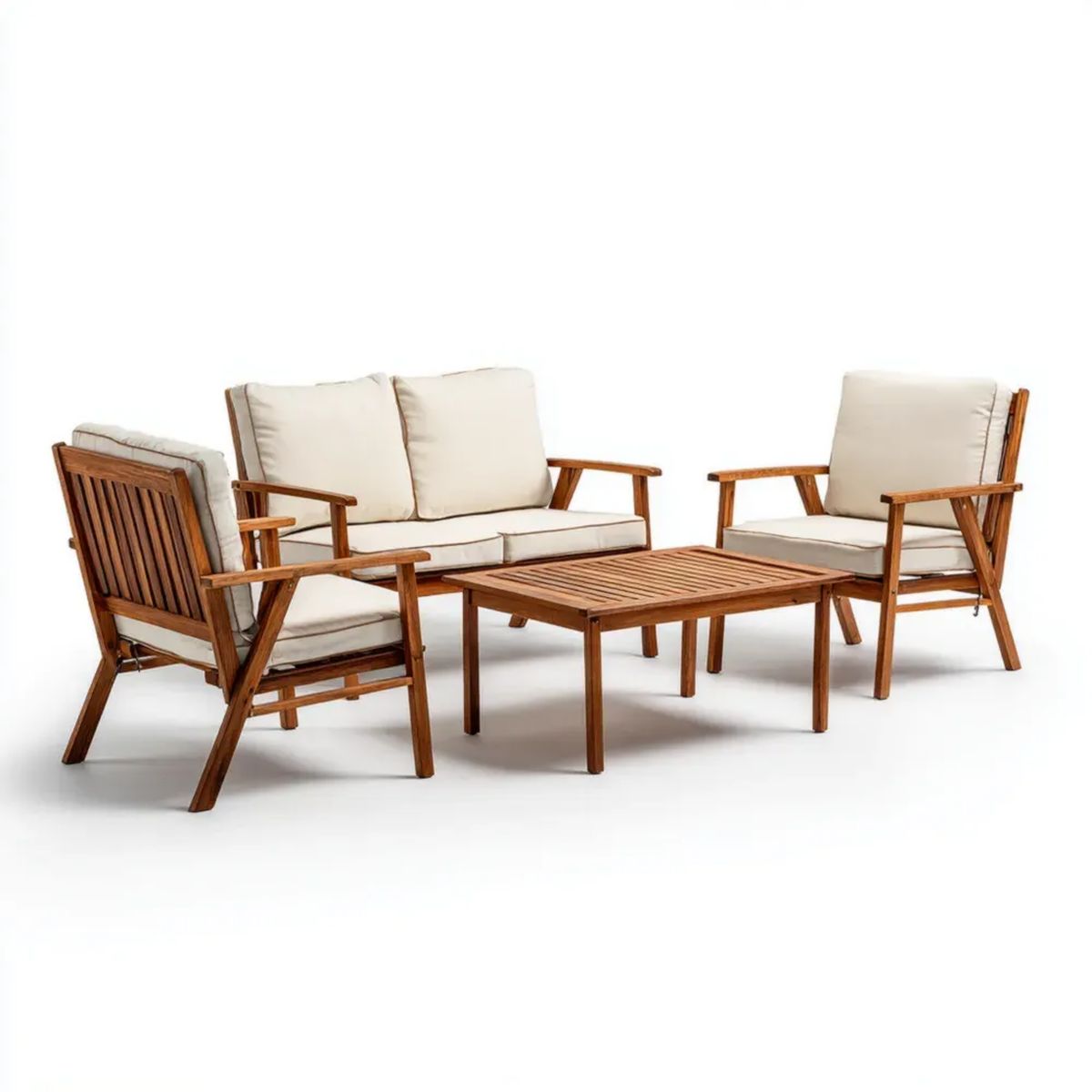 4-częściowy zestaw mebli ogrodowych z litego drewna akacjowego – sofa 2-osobowa 120 x 65 x 75 cm, 2 fotele 68 x 65 x 75 cm i stolik 100 x 60 x 45 cm, brązowy/kremowy