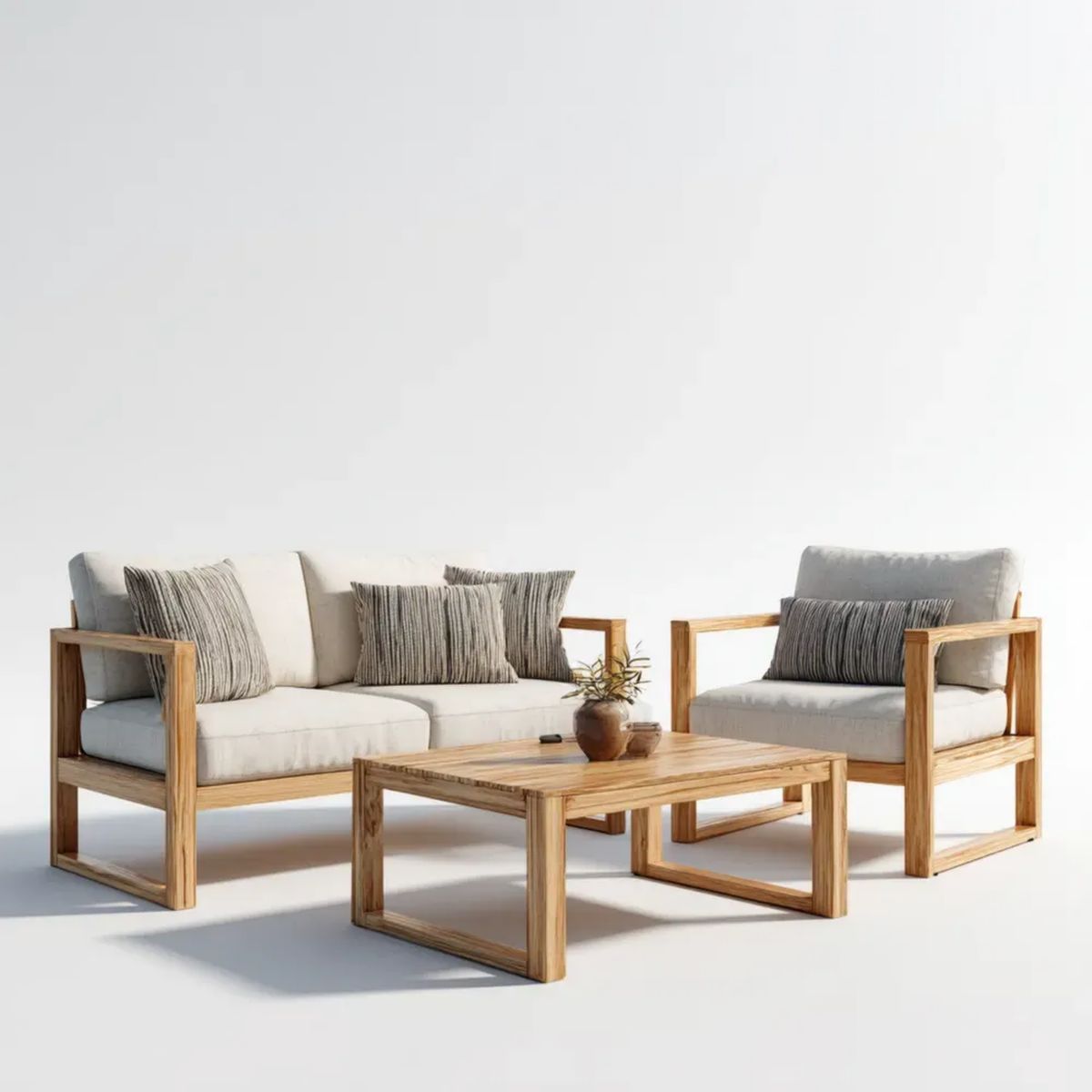 Ogrodowy zestaw mebli z drewna akacjowego – sofa 130 x 70 x 72 cm, fotel i stolik kawowy, naturalny brąz/beż