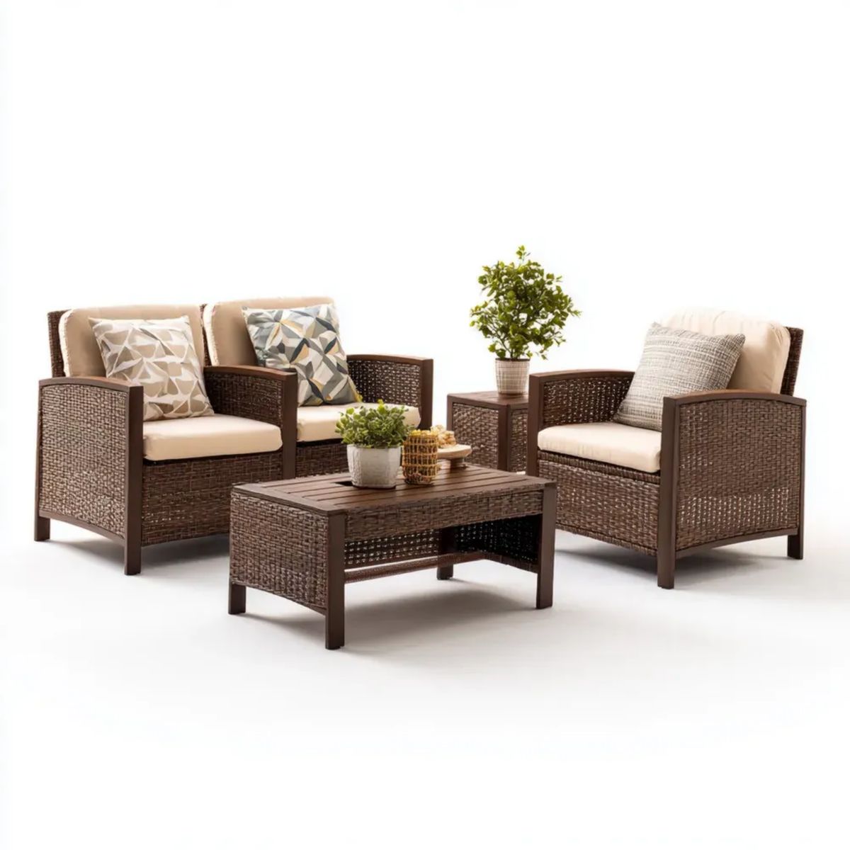 5-częściowy zestaw mebli ogrodowych z technorattanu PE, brązowy/kremowy – sofa 124 × 70 × 77 cm, 2 fotele 70 × 70 × 77 cm, stolik kawowy 90 × 50 × 45 cm i stolik pomocniczy 40 × 40 × 45 cm