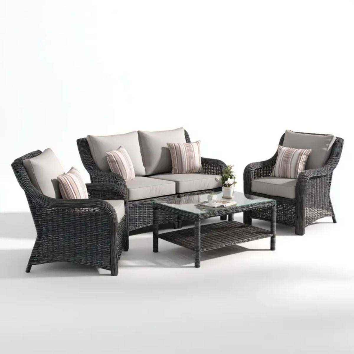 4-częściowy zestaw mebli ogrodowych z rattanu PE, grafitowy, sofa 130 x 75 x 85 cm, 2 fotele 75 x 75 x 85 cm, stolik 100 x 50 x 45 cm