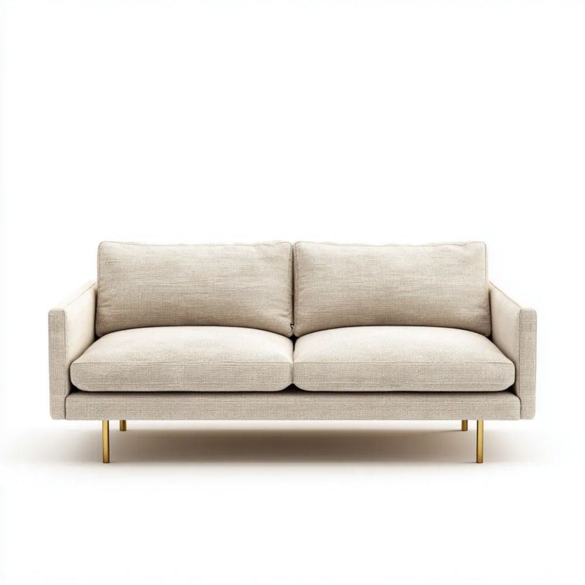 Dwuosobowa sofa beżowa z poliestru ze złotymi metalowymi nogami, 160 × 85 × 80 cm