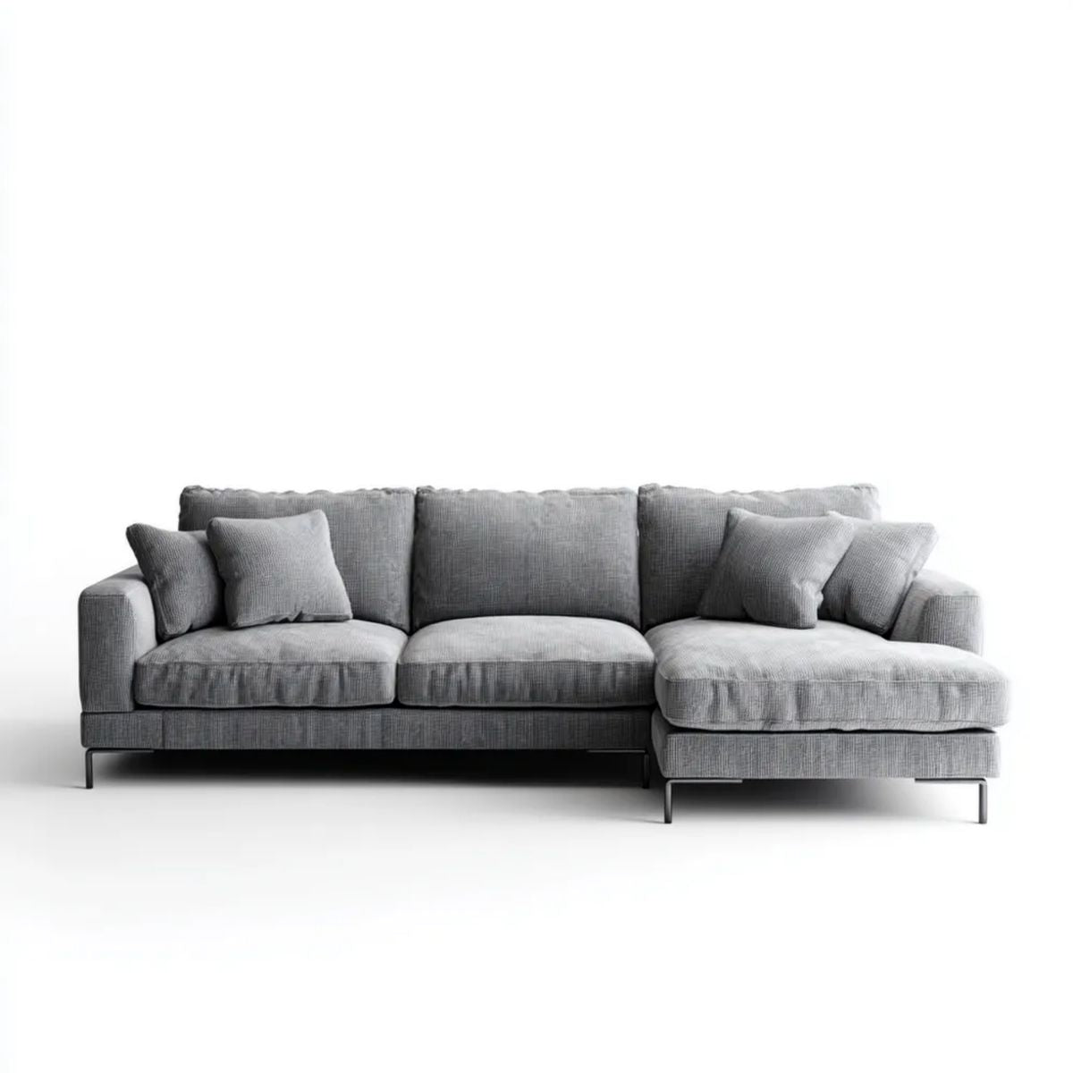 Szara sofa narożna z prawostronnym szezlongiem, tapicerowana poliestrem, 280 × 160 × 85 cm