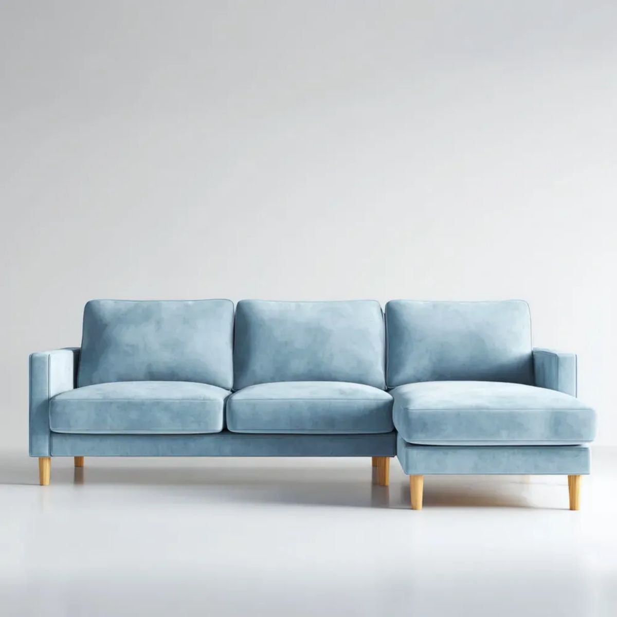 Jasnoniebieska aksamitowa sofa narożna 3-osobowa w kształcie L z prawostronnym szezlongiem, 220 × 145 × 85 cm