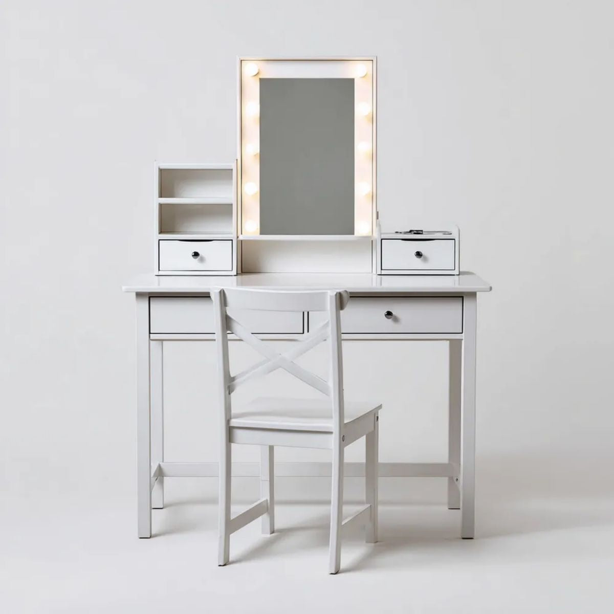 Biała toaletka MDF 80 x 40 x 140 cm z lustrem LED, organizerami i krzesłem