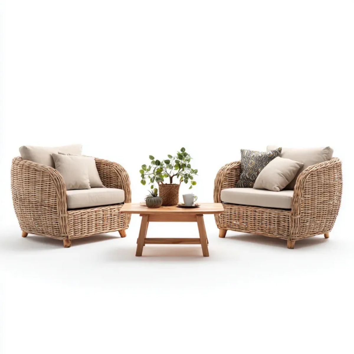 Ogrodowy zestaw z naturalnego rattanu: 2 fotele 85 × 80 × 75 cm i stolik kawowy 100 × 50 × 45 cm, beżowo-brązowy