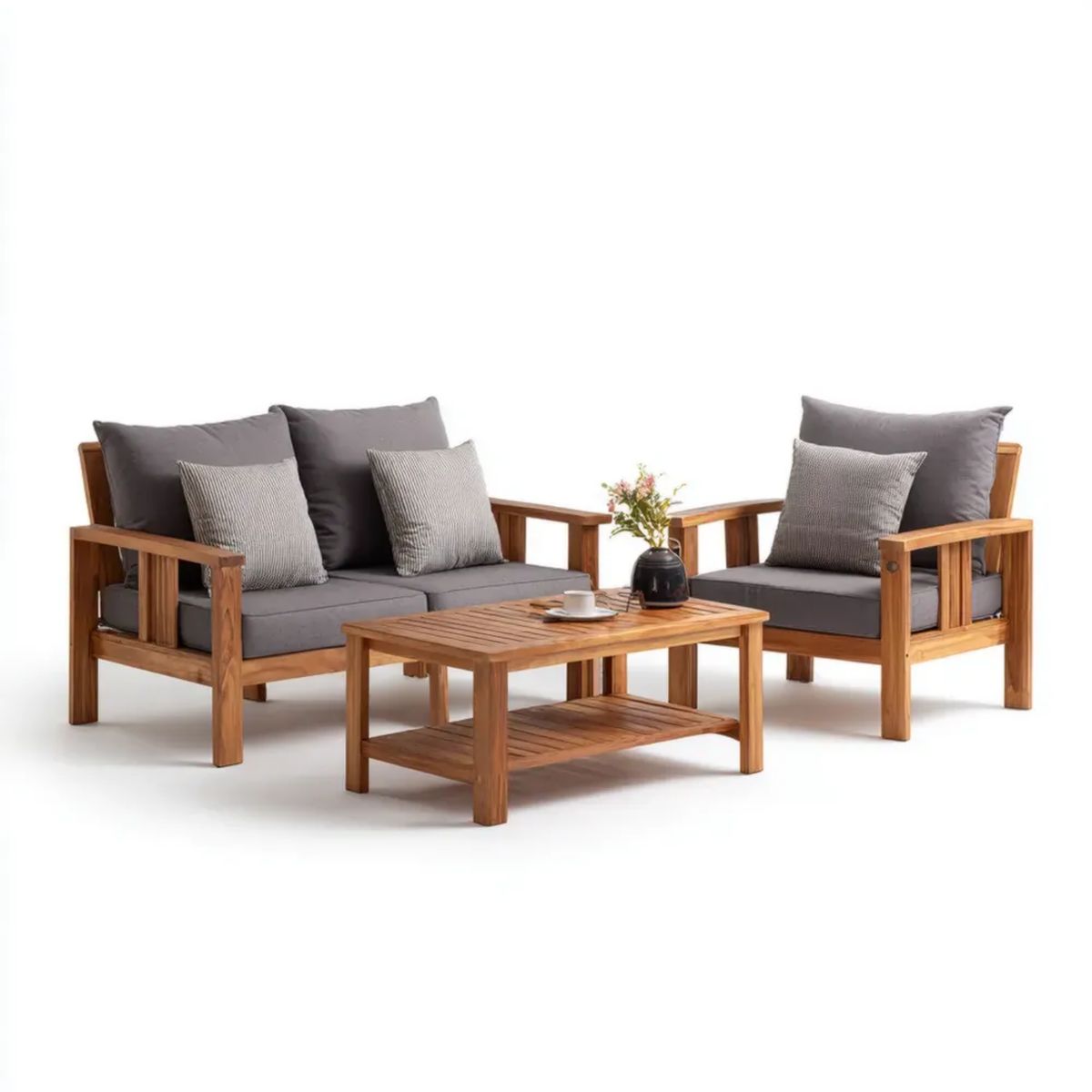 Drewniany zestaw wypoczynkowy ogrodowy z akacji – sofa 120 cm, fotel i stolik 100 cm, brązowy/ciemnoszary
