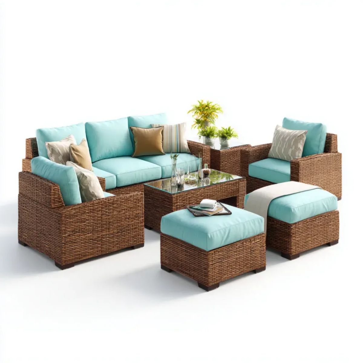 6-elementowy zestaw mebli ogrodowych z technorattanu, brązowo-turkusowy – sofa 3-osobowa 200 x 85 x 85 cm