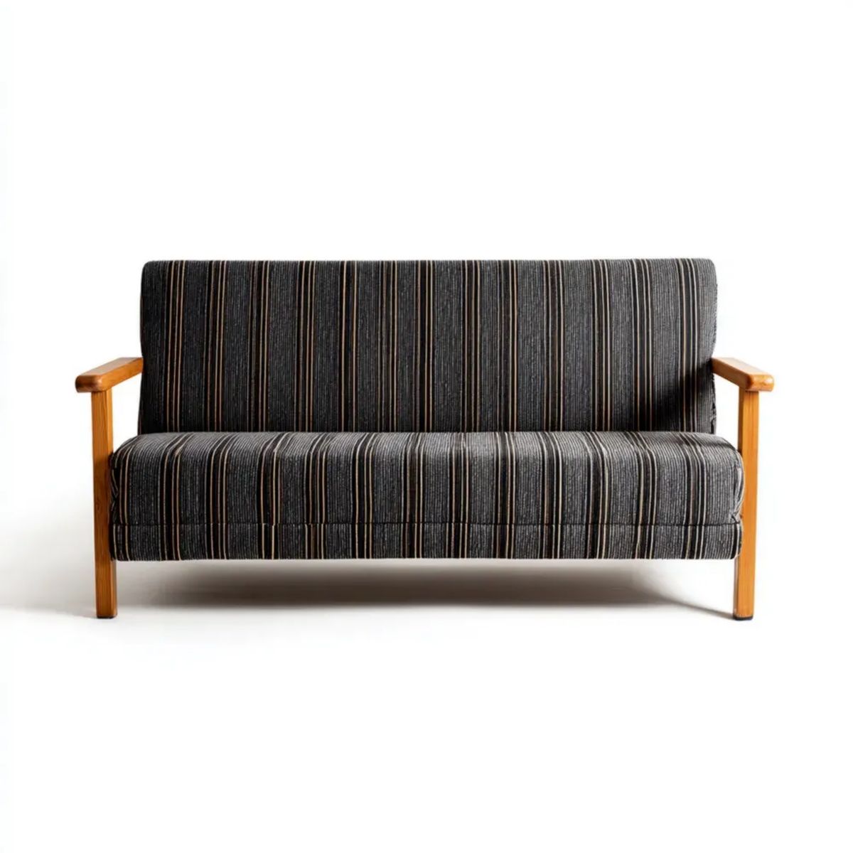 Dwuosobowa sofa drewniana z tapicerką poliestrową, czarno-szaro-beżowo-brązowa, 120 × 70 × 82 cm
