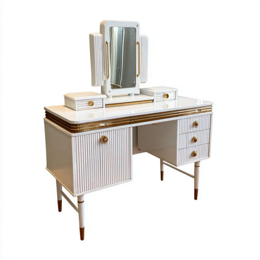 Biała toaletka z lustrem z płyty MDF 120 × 45 × 150 cm ze złotymi detalami