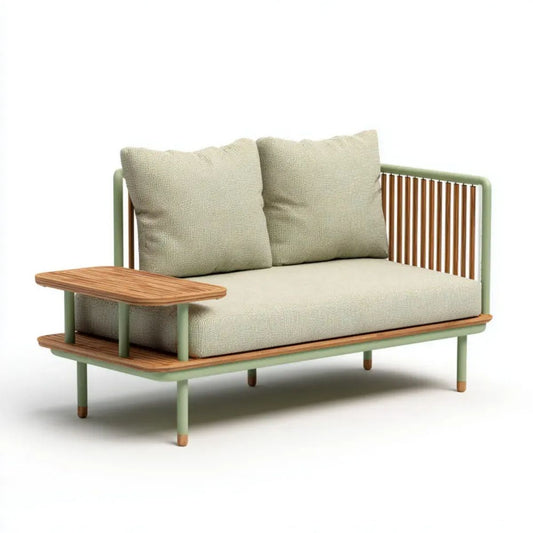 2-osobowa sofa ogrodowa ze stali i drewna akacjowego ze zintegrowanym stolikiem, zielona szałwiowa, 170 x 75 x 75 cm