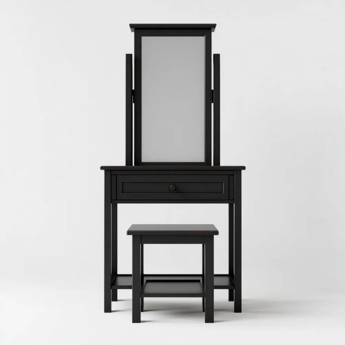 Czarna toaletka z lustrem i taboretem z płyty MDF, 80 × 40 × 150 cm