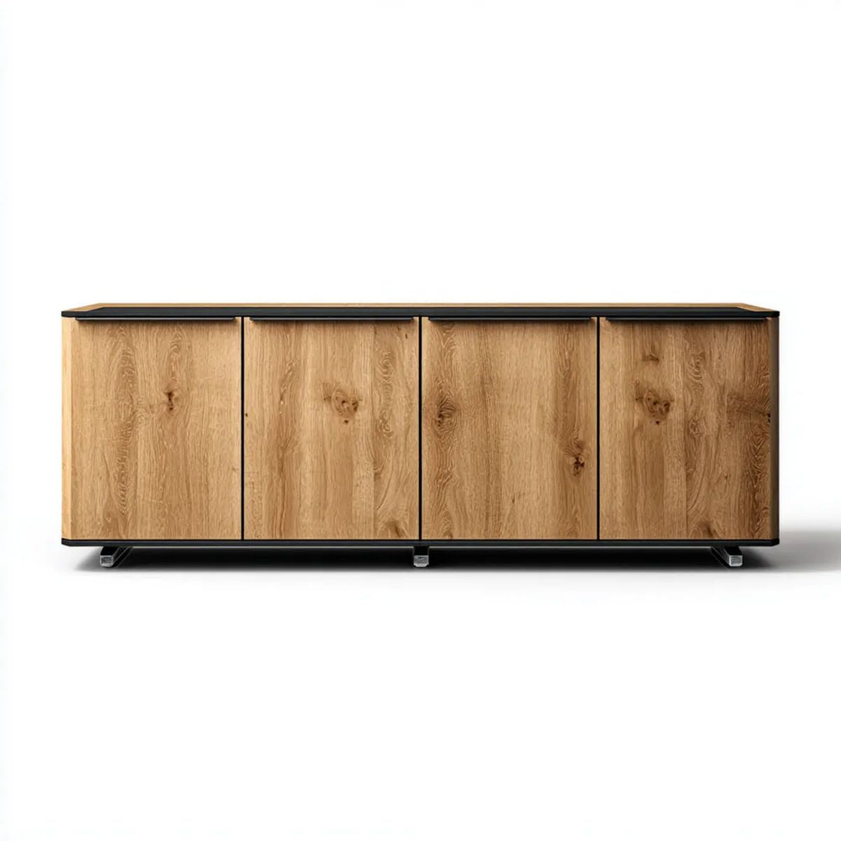 Komoda czterodrzwiowa z płyty MDF i stali, naturalny dąb/czarny, 200 × 45 × 80 cm