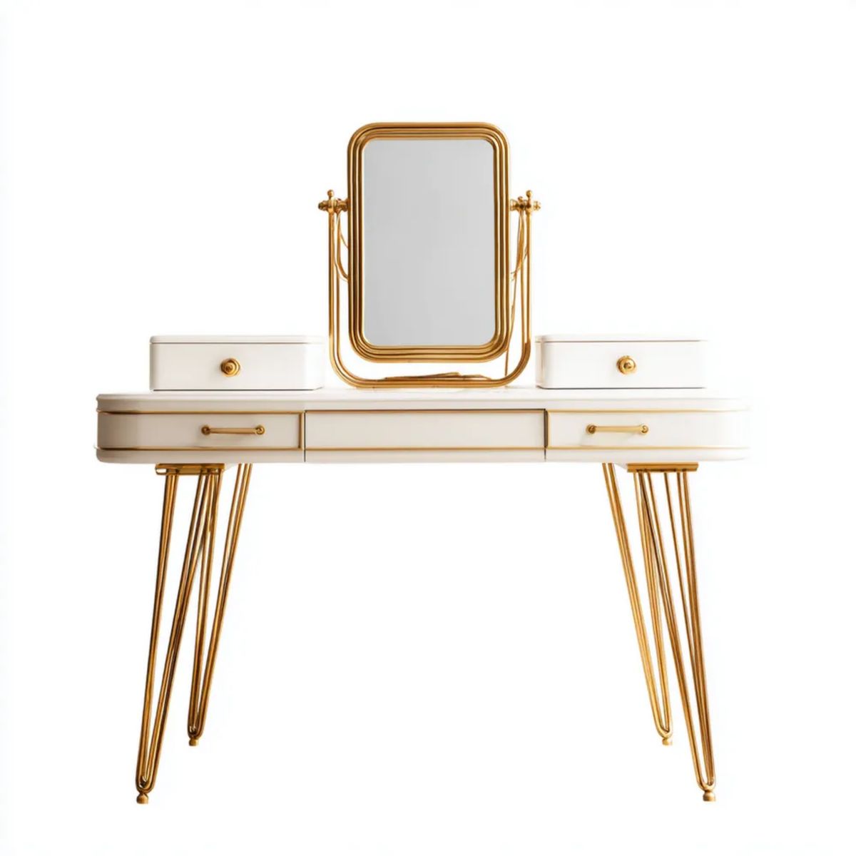 Toaletka glamour z lustrem, biała MDF i stal, 120 × 45 × 145 cm, biało-złota