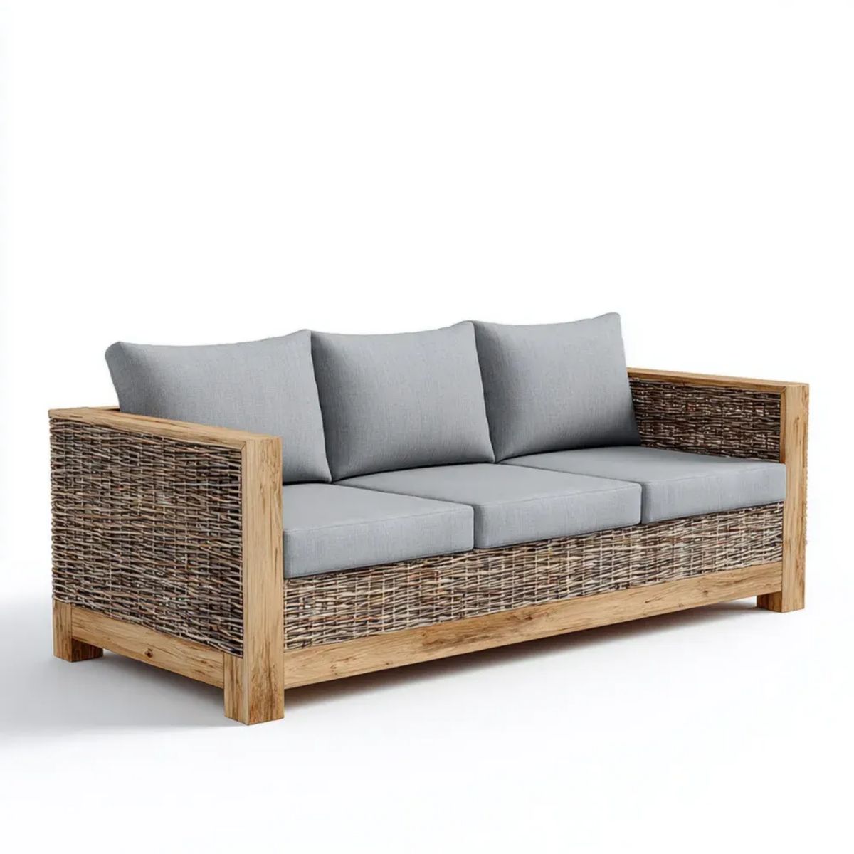 3-osobowa sofa ogrodowa z drewna akacjowego i rattanu, naturalny brąz/szary, 200 × 80 × 75 cm
