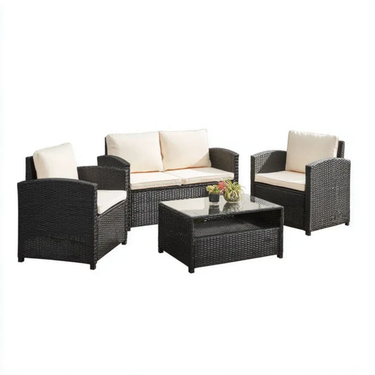 4-częściowy ogrodowy zestaw wypoczynkowy z technorattanu czarno-kremowy – sofa 124 x 70 x 75 cm, 2 fotele 69 x 70 x 75 cm, stolik 90 x 50 x 45 cm