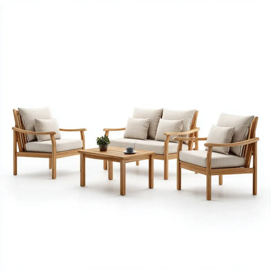4-elementowy ogrodowy zestaw mebli drewnianych: sofa 125 x 75 x 78 cm, 2 fotele 70 x 75 x 78 cm i stolik 100 x 55 x 45 cm, naturalny brąz/beż