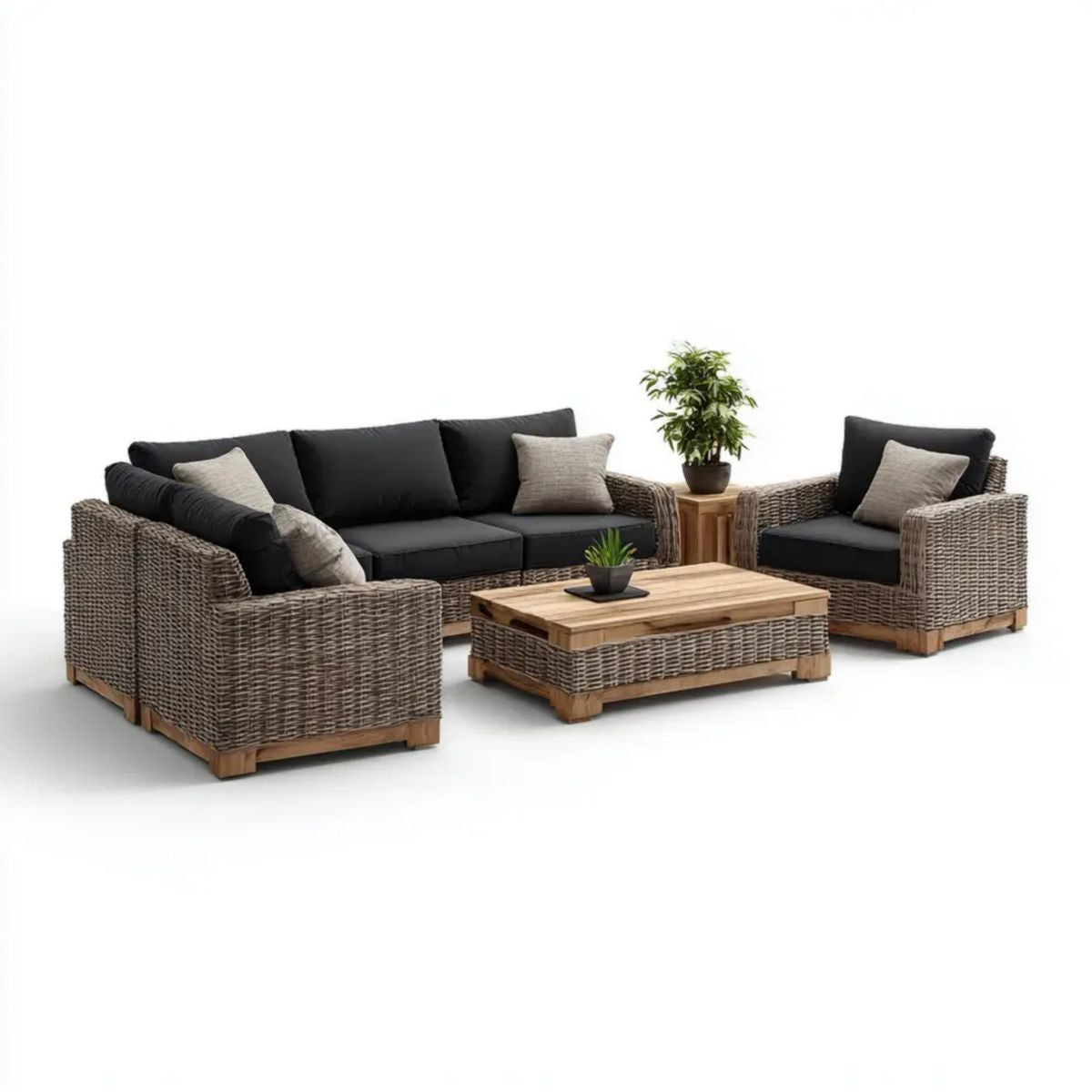 5-częściowy ogrodowy zestaw wypoczynkowy z technorattanu brązowo-czarny, sofa 200 × 80 × 78 cm