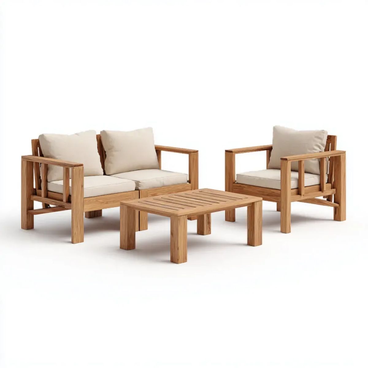 3-częściowy drewniany zestaw wypoczynkowy ogrodowy – sofa 2-osobowa 140 x 70 x 76 cm, fotel 75 x 70 x 76 cm, stolik 100 x 60 x 40 cm, naturalny brąz/kremowy
