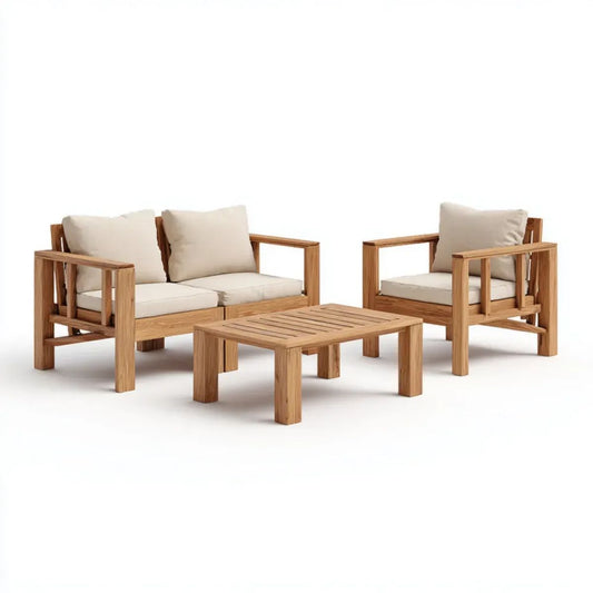 3-częściowy drewniany zestaw wypoczynkowy ogrodowy – sofa 2-osobowa 140 x 70 x 76 cm, fotel 75 x 70 x 76 cm, stolik 100 x 60 x 40 cm, naturalny brąz/kremowy