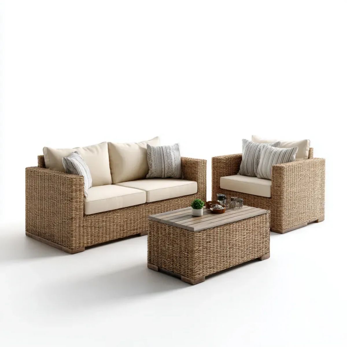 3-częściowy zestaw ogrodowy z technorattanu beżowy z kremowymi poduszkami – sofa 150 x 80 x 75 cm, fotel 85 x 80 x 75 cm, stolik 110 x 60 x 45 cm