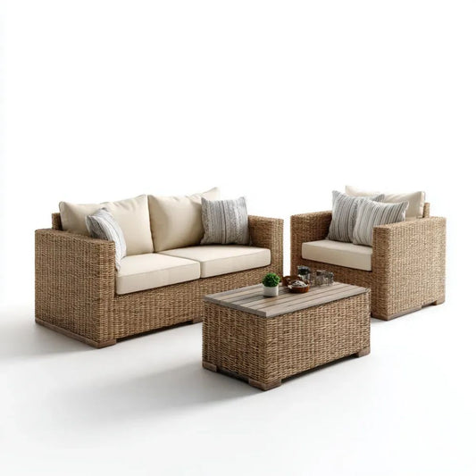 3-częściowy zestaw ogrodowy z technorattanu beżowy z kremowymi poduszkami – sofa 150 x 80 x 75 cm, fotel 85 x 80 x 75 cm, stolik 110 x 60 x 45 cm