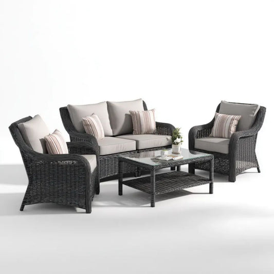 4-częściowy zestaw mebli ogrodowych z rattanu PE, grafitowy, sofa 130 x 75 x 85 cm, 2 fotele 75 x 75 x 85 cm, stolik 100 x 50 x 45 cm