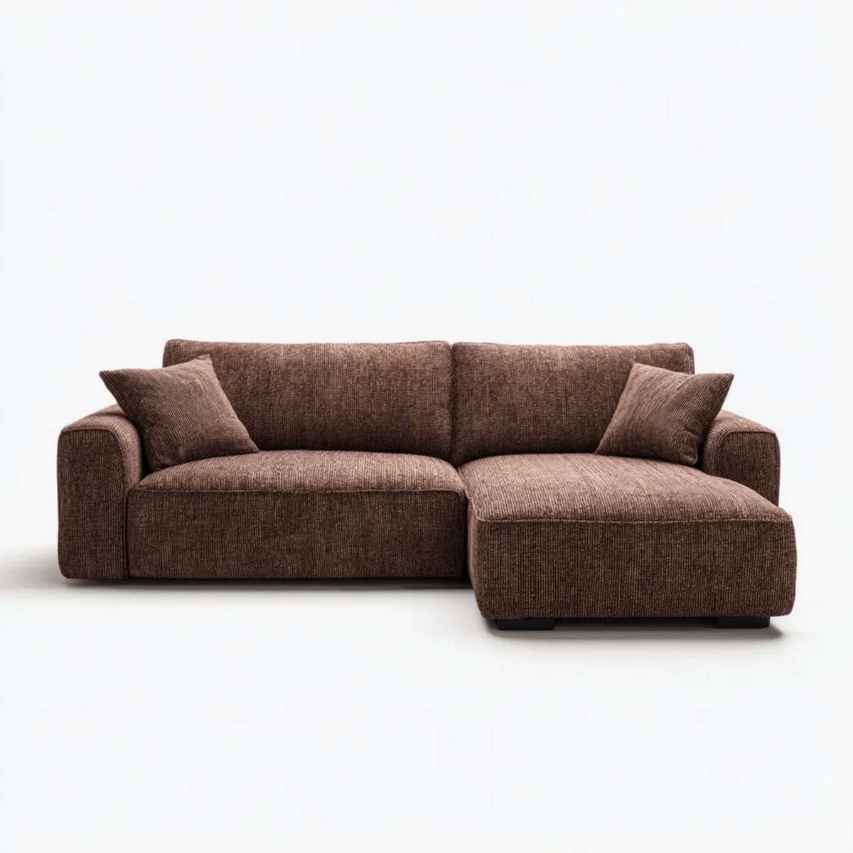 Brązowa sofa narożna z szezlongiem po prawej stronie, tapicerowana tkaniną sztruksową, 250 × 160 × 85 cm