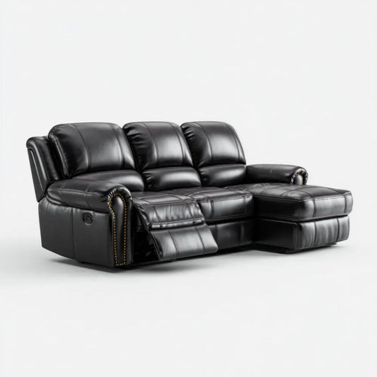 Prawostronna sofa narożna z funkcją relaks ze skóry ekologicznej, czarna, 260 x 165 x 100 cm