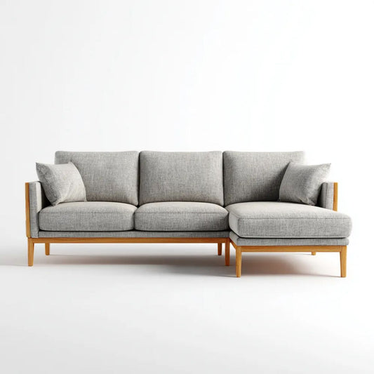 Prawostronna sofa narożna 3-osobowa szara z tapicerką poliestrową i drewnianą ramą, 240 x 150 x 85 cm