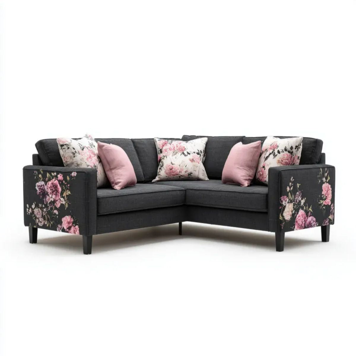 Sofa 3-osobowa czarna z poliestru w kwiaty, 220 x 90 x 85 cm