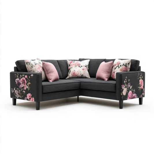 Sofa 3-osobowa czarna z poliestru w kwiaty, 220 x 90 x 85 cm
