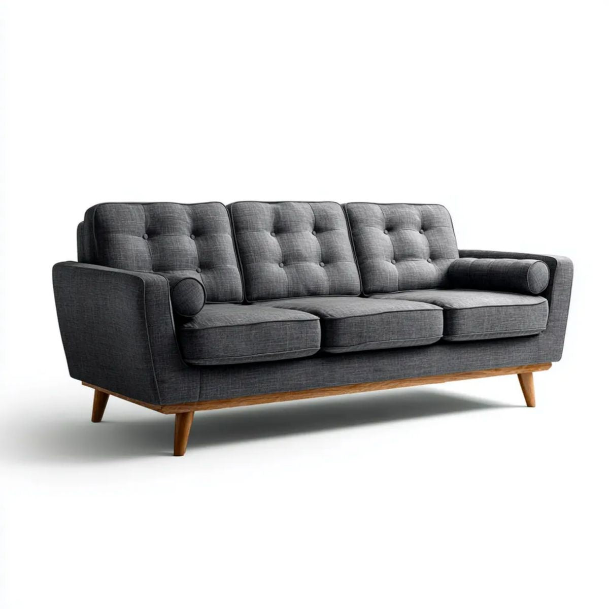 Trzyosobowa sofa z tkaniny grafitowa z brązowymi nogami 210 x 88 x 86 cm