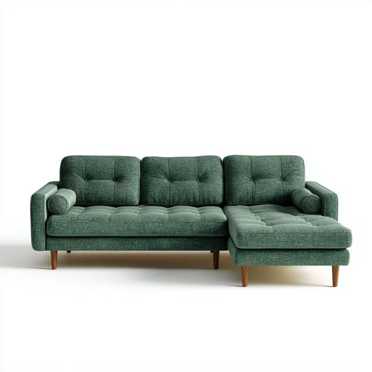 Zielona sofa narożna z prawostronnym szezlongiem, tapicerowana poliestrem, 250 × 160 × 86 cm