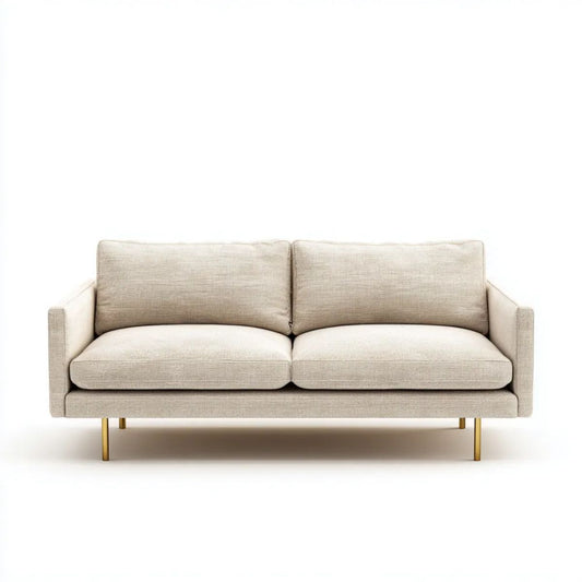 Dwuosobowa sofa beżowa z poliestru ze złotymi metalowymi nogami, 160 × 85 × 80 cm