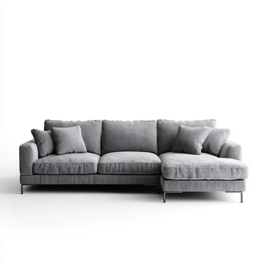 Szara sofa narożna z prawostronnym szezlongiem, tapicerowana poliestrem, 280 × 160 × 85 cm