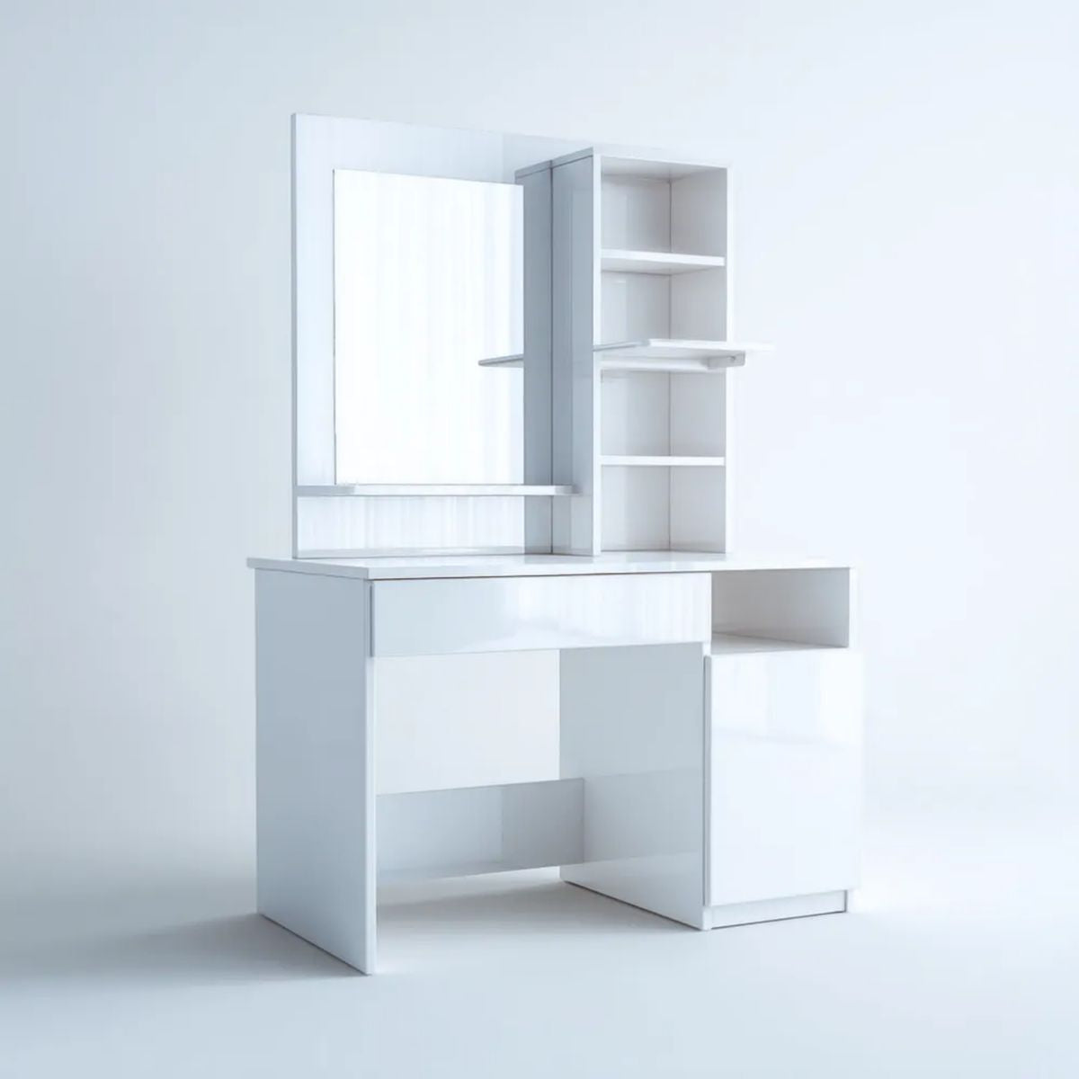 Biała toaletka z lustrem, szufladą i półkami z laminowanej płyty MDF, 100 × 40 × 140 cm