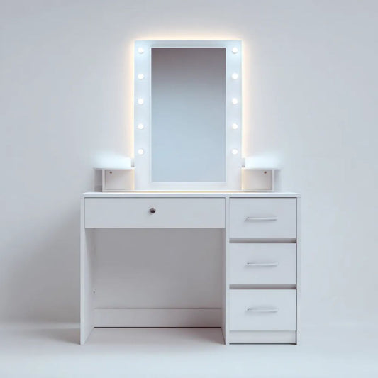 Biała toaletka kosmetyczna z lustrem i oświetleniem LED z płyty MDF, 100 x 40 x 140 cm