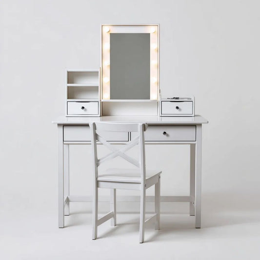 Biała toaletka MDF 80 x 40 x 140 cm z lustrem LED, organizerami i krzesłem