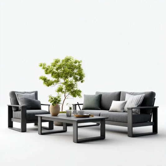3-częściowy zestaw mebli ogrodowych z aluminium i poliestru, grafitowo-szary – sofa 130 × 75 × 78 cm, fotel 75 × 75 × 78 cm, stolik 100 × 60 × 45 cm