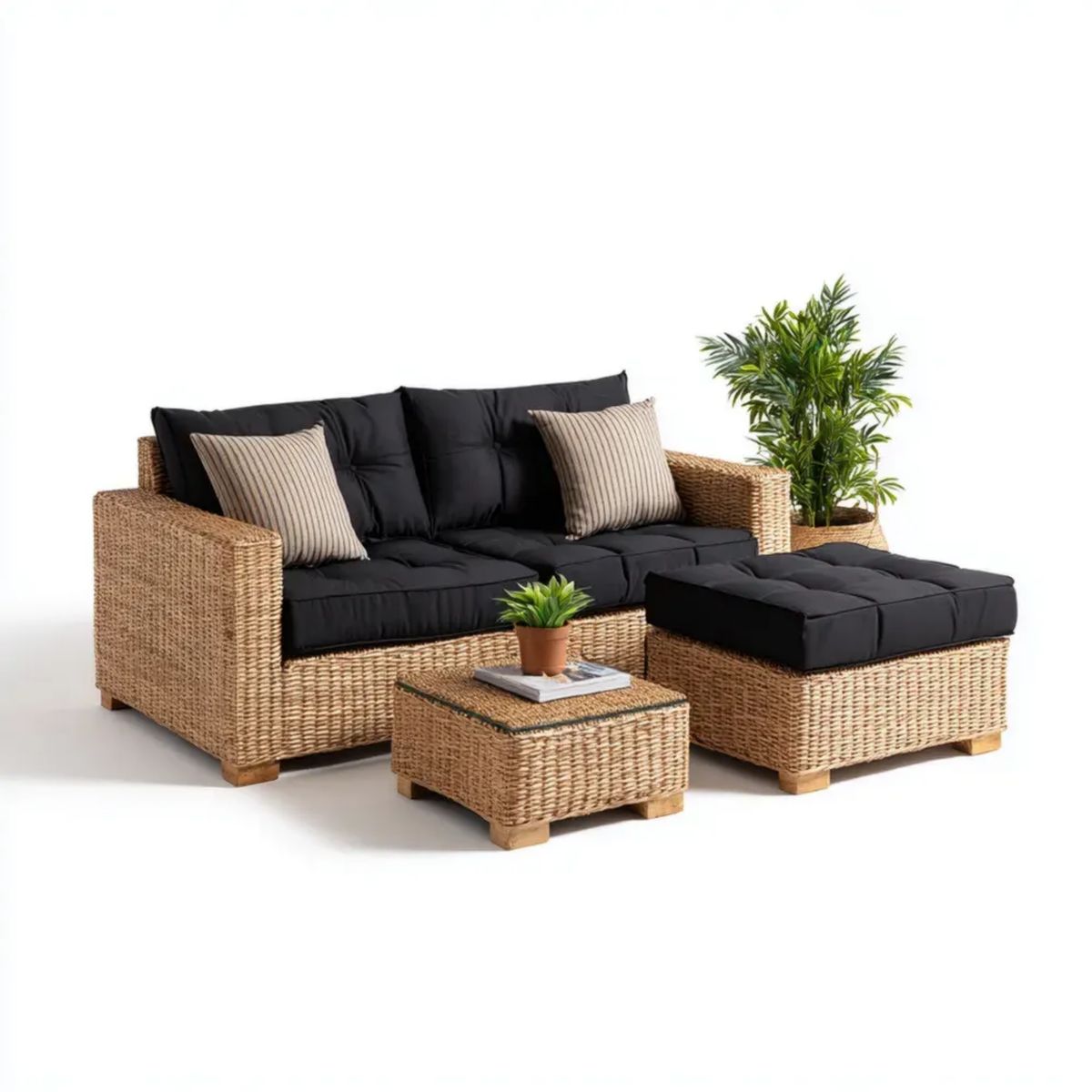 Ogrodowy zestaw mebli z technorattanu: sofa 2-osobowa, pufa i stolik, naturalny brąz/czarny/beżowy, 140 × 80 × 78 cm