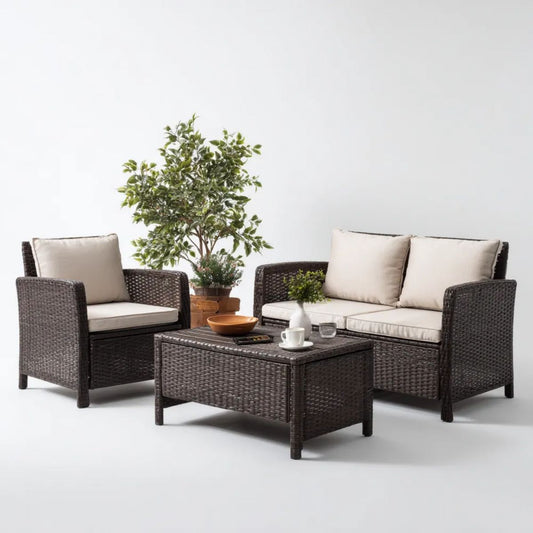 3-częściowy zestaw mebli ogrodowych z technorattanu i stali, brązowo-beżowy – sofa 129 × 70 × 77 cm, fotel 72 × 70 × 77 cm, stolik 90 × 50 × 45 cm