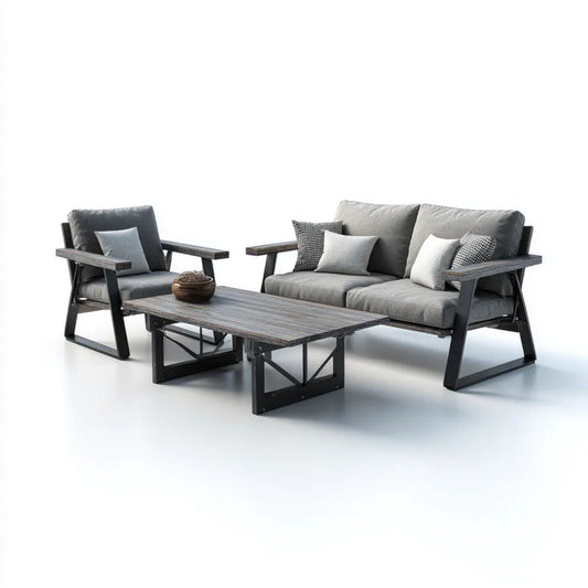 3-częściowy zestaw mebli ogrodowych z aluminiową sofą 2-osobową, fotelem i stolikiem WPC, szary/antracytowy, sofa 150 × 75 × 75 cm, fotel 75 × 75 × 75 cm, stolik 110 × 60 × 45 cm