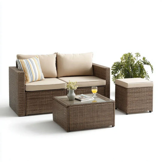 Zestaw mebli ogrodowych z technorattanu – sofa 2-osobowa 124 x 70 x 80 cm, stolik 90 x 50 x 45 cm i pufa 55 x 55 x 43 cm, brązowo-beżowy