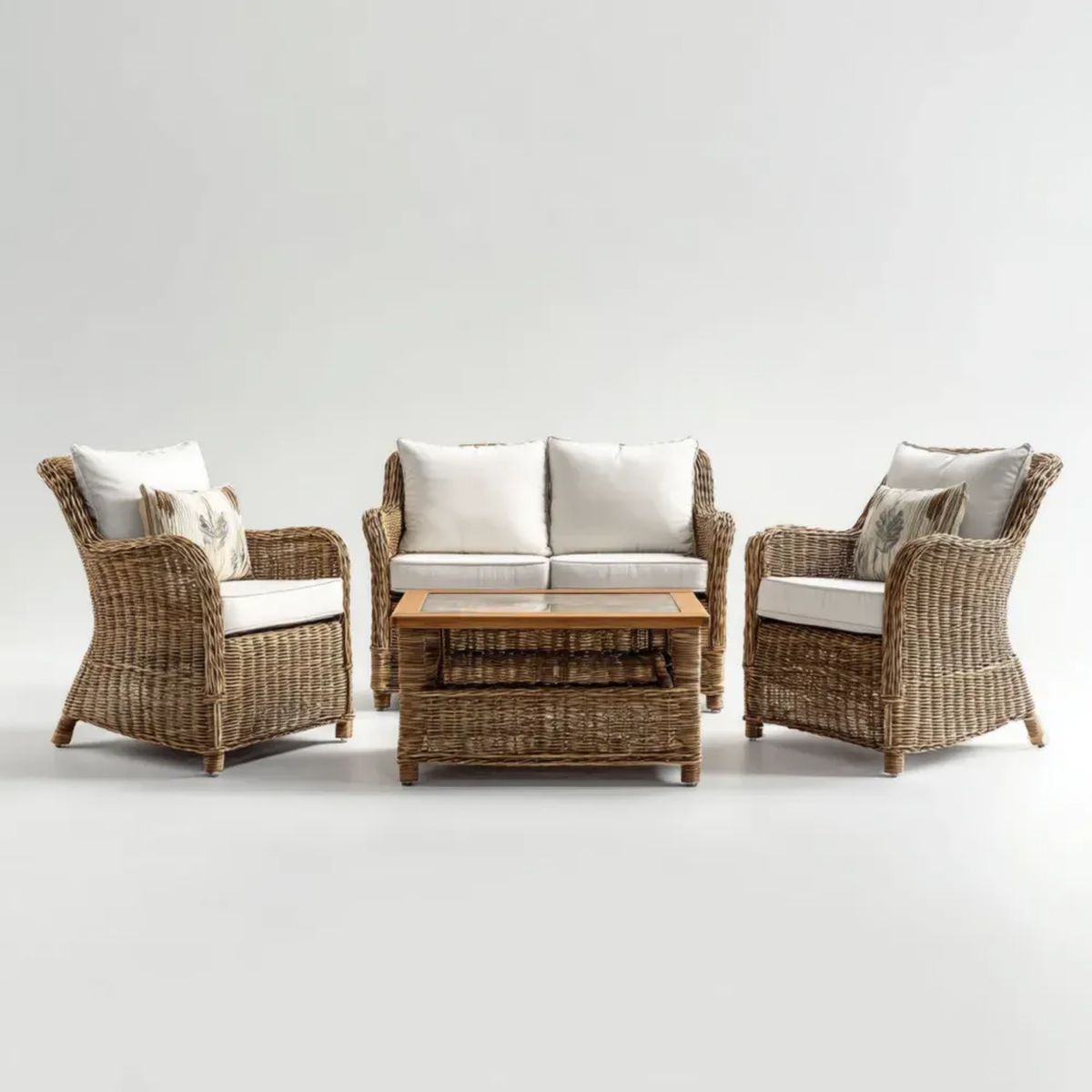 4-częściowy zestaw ogrodowy z naturalnego rattanu – sofa 2-osobowa, 2 fotele i stolik 100 × 60 × 45 cm, brązowo-biały