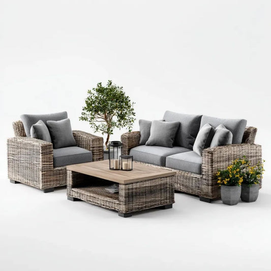 3-częściowy ogrodowy zestaw wypoczynkowy z polirattanu, szaro-beżowy, sofa 150 × 80 × 75 cm, fotel 85 × 80 × 75 cm, stolik 110 × 60 × 45 cm