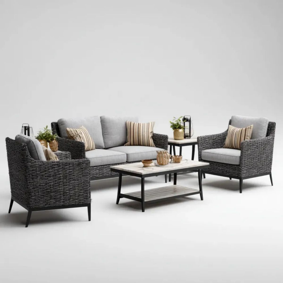 5-częściowy zestaw mebli ogrodowych z technorattanu i stali, grafitowo-szary, sofa 150 × 80 × 82 cm