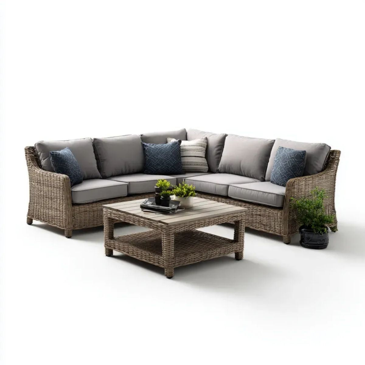 Narożny zestaw wypoczynkowy z technorattanu PE 250 x 250 cm w kształcie L ze stolikiem, beżowo-brązowo-szary